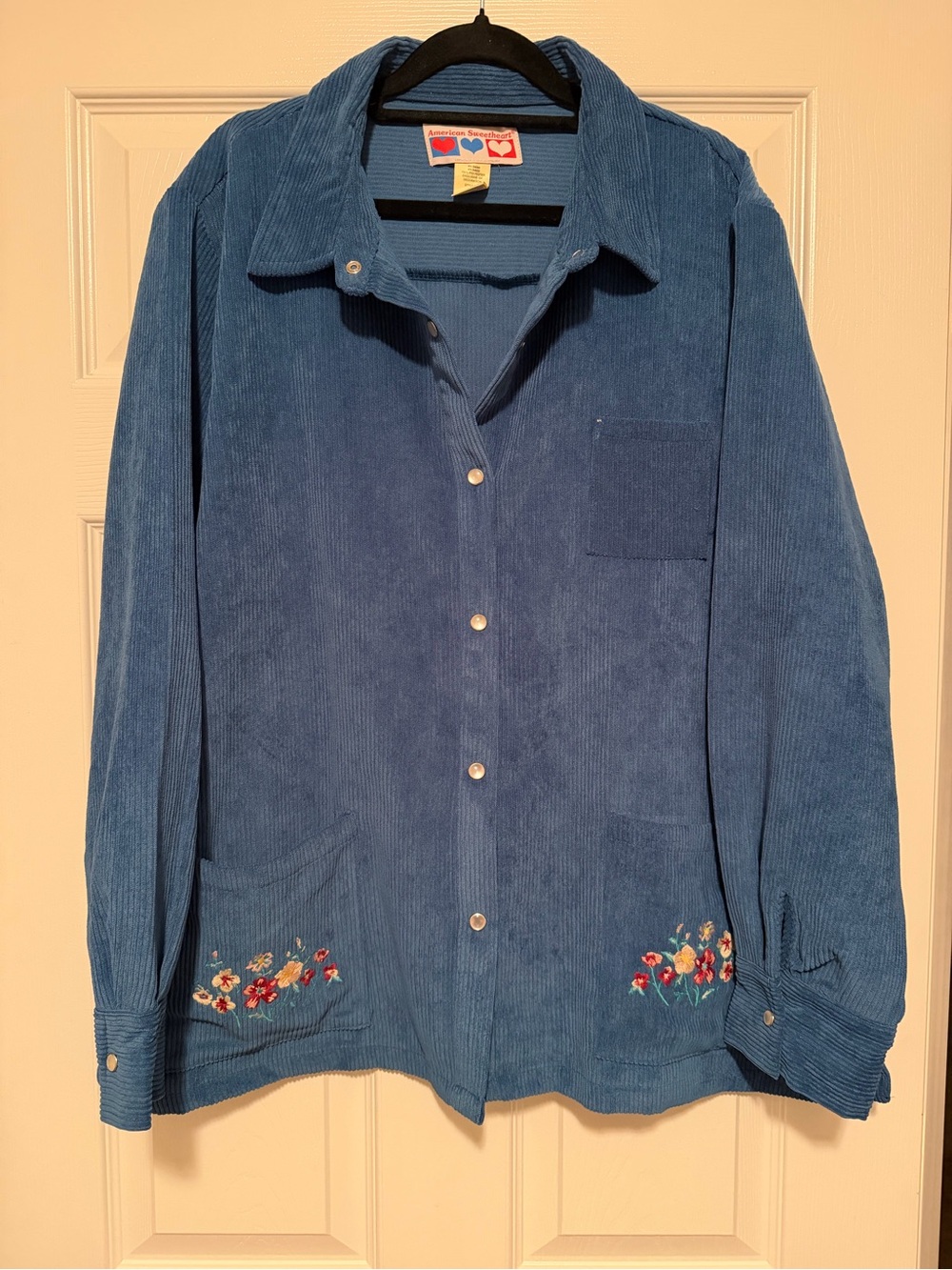 Vintage Women's Blue Corduroy Embroidered Button-Up Jacket